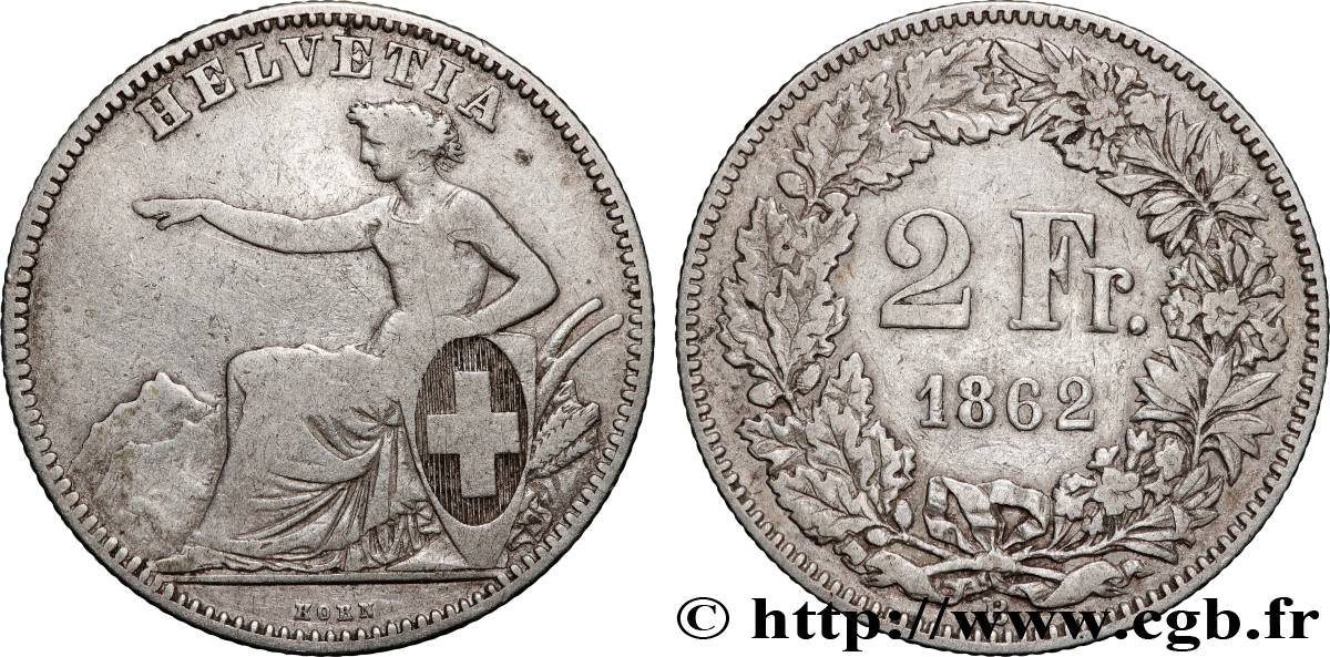 SUISSE 2 Francs Helvetia 1862 Berne TB 