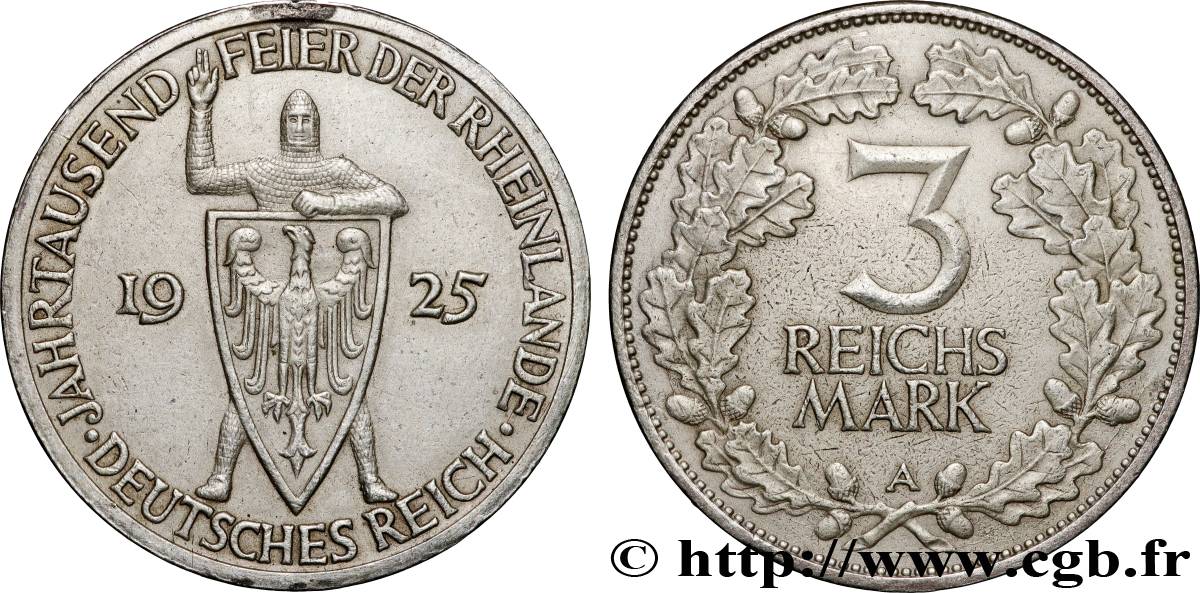ALLEMAGNE 3 Reichsmark millénaire de la Rhénanie 1925 Berlin TTB 