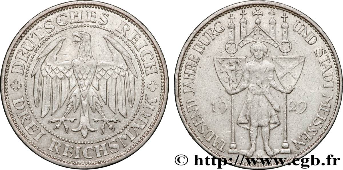 ALLEMAGNE 3 Reichsmark 1000e anniversaire de la fondation de Meissen 1929  TTB 