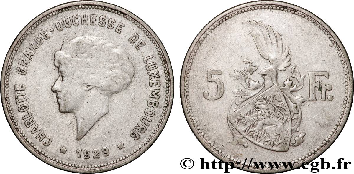 LUXEMBOURG 5 Francs Grande-Duchesse Charlotte 1929  TTB 