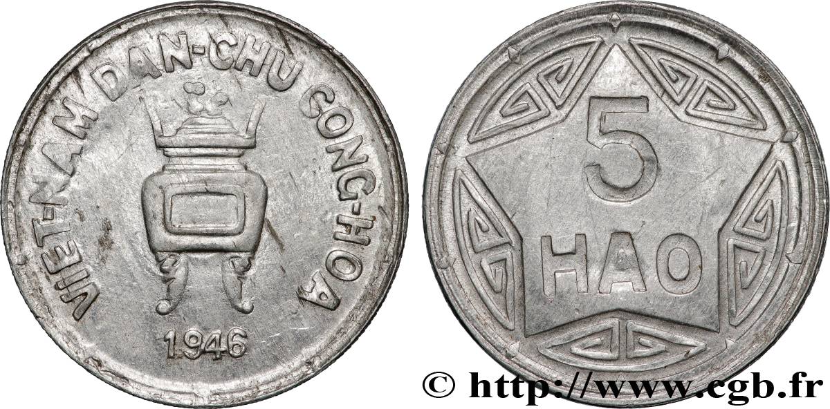 VIET NAM  5 Hao monnayage des rebelles communistes variété à valeur faciale incuse 1946  TTB+ 