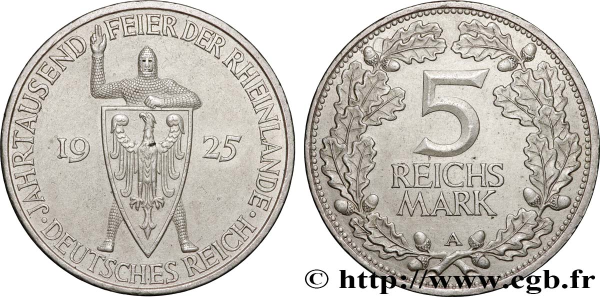 ALLEMAGNE 5 Reichsmark 1000e anniversaire de la Rhénanie 1925 Berlin TTB+ 