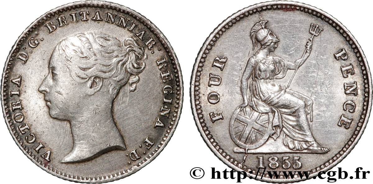 ROYAUME-UNI 4 Pence ou groat Victoria / Britannia assise 1855 Londres TTB+ 