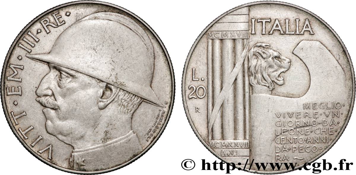 ITALIE - ROYAUME D ITALIE - VICTOR-EMMANUEL III 20 Lire, 10e anniversaire de la fin de la Première Guerre mondiale 1928 Rome TTB+ 