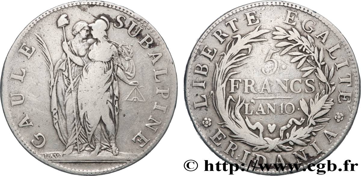 ITALIEN - SUBALPINISCHE  5 Francs an 10 1802 Turin SS 