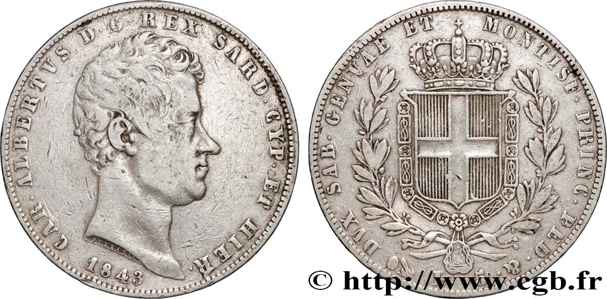 ITALIE - ROYAUME DE SARDAIGNE 5 Lire Charles-Albert 1843 Gênes TB+ 