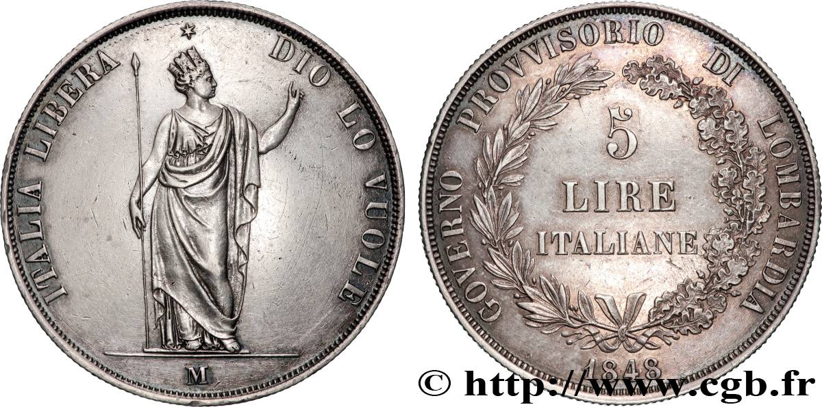 ITALY - LOMBARDY 5 Lire Gouvernement provisoire de Lombardie 1848 Milan AU/AU 