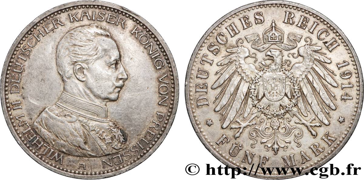 GERMANY - PRUSSIA 5 Mark Guillaume II 1914 Berlin AU 
