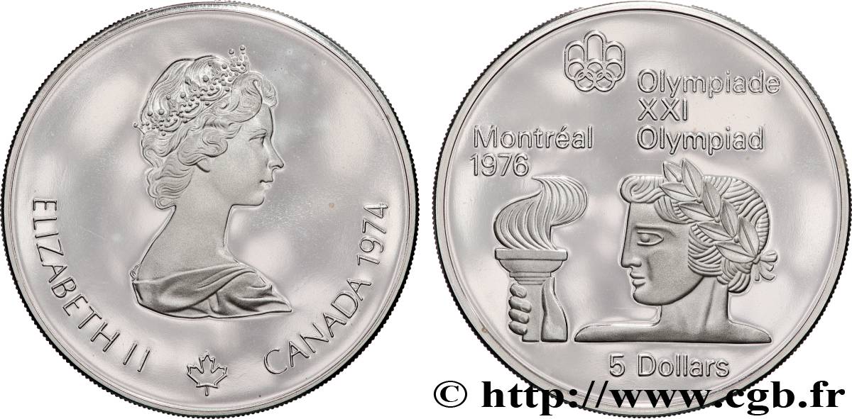 CANADA 5 Dollars Proof JO Montréal 1976 torche olympique / Elisabeth II 1974 Ottawa MS 