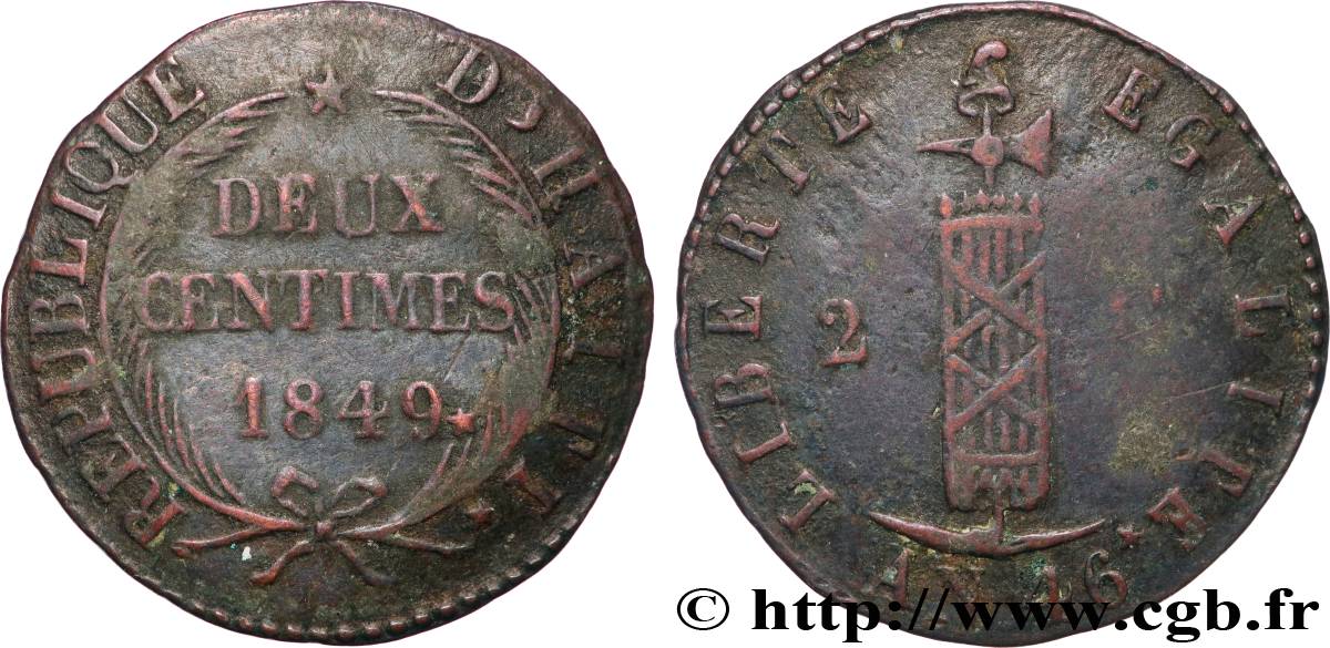 HAITI 2 Centimes faisceau, an 46 1849  VF 