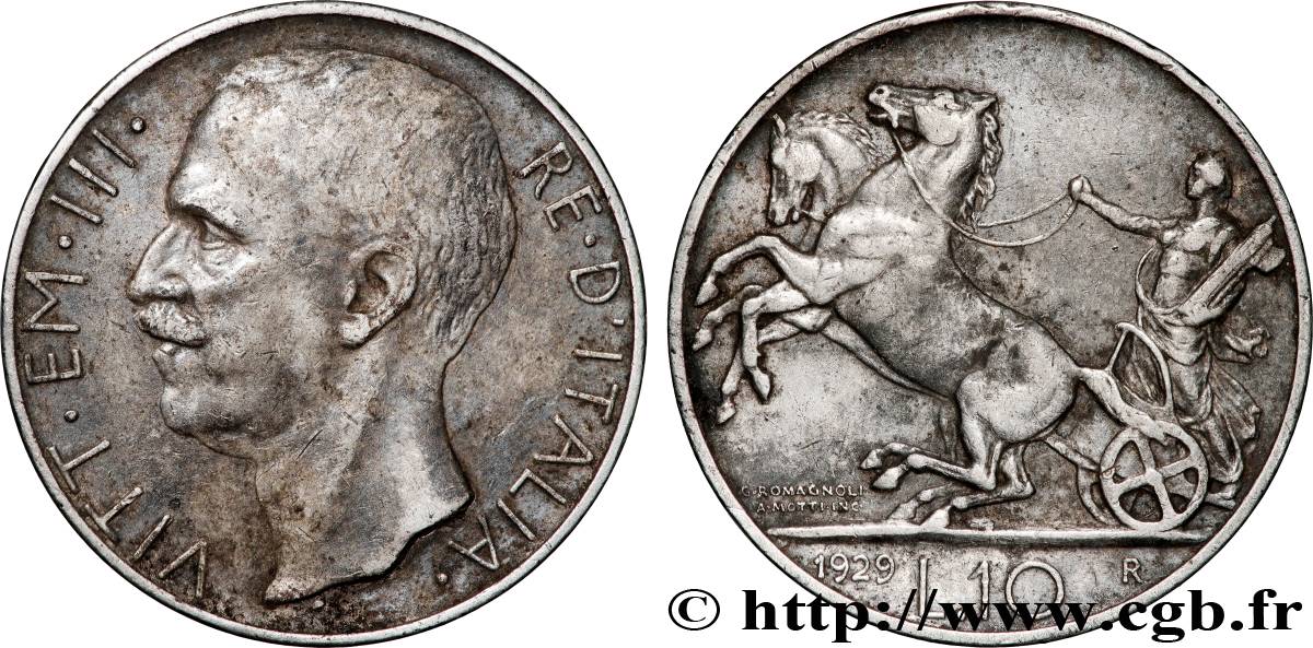 ITALY - VICTOR EMMANUEL III 10 Lire char antique 1929 Rome XF 