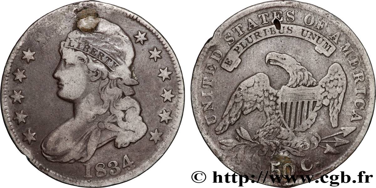 ÉTATS-UNIS D AMÉRIQUE 50 Cents (1/2 Dollar) type “Capped Bust” 1834 Philadelphie TB+ 