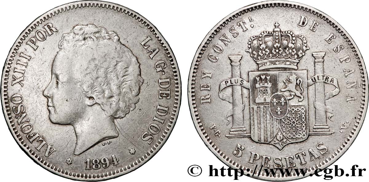 ESPAGNE 5 Pesetas Alphonse XIII 2e type 1894 Madrid TB+/TTB 