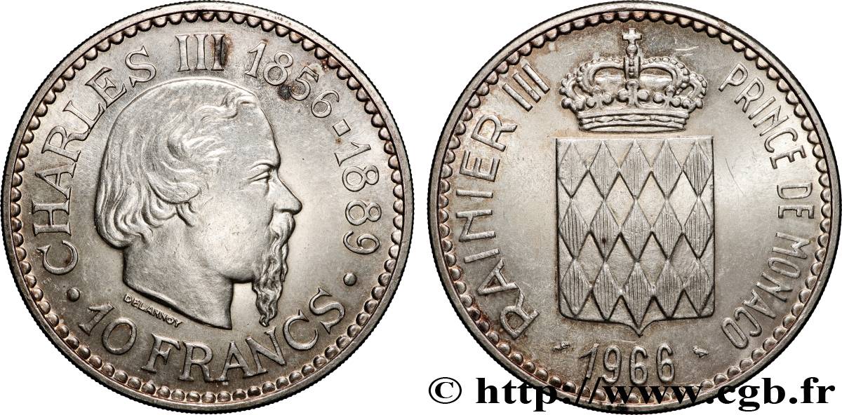 MONACO 10 Francs Charles III 1966 Paris AU 