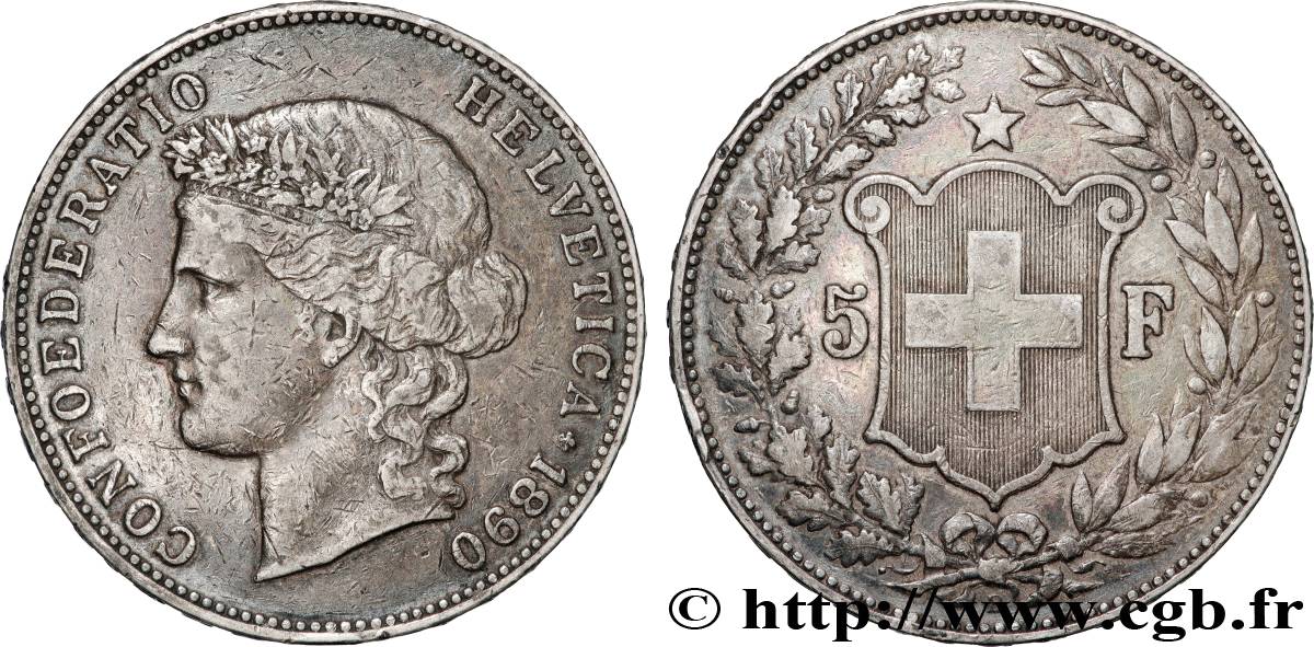 SWITZERLAND 5 Francs Helvetia 1890 Berne XF 