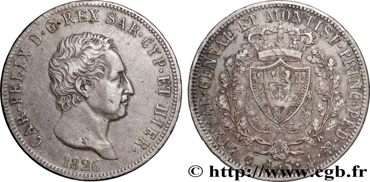 ITALIE - ROYAUME DE SARDAIGNE 5 Lire Charles-Félix 1826 Gênes TTB 