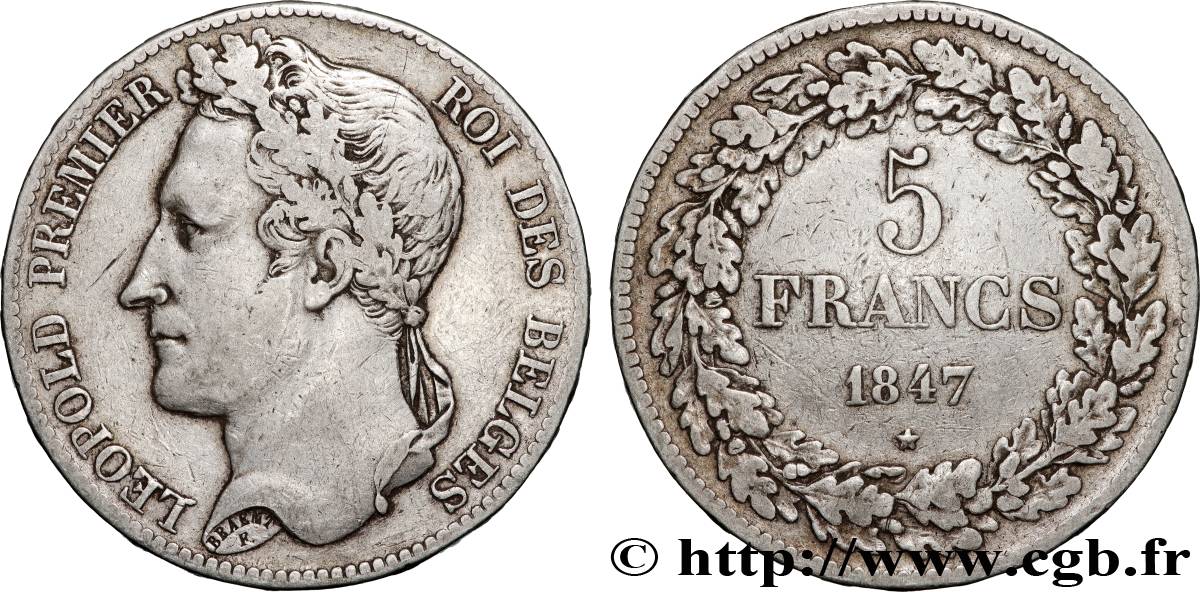 BELGIQUE 5 Francs Léopold Ier tête laurée 1847  TTB 