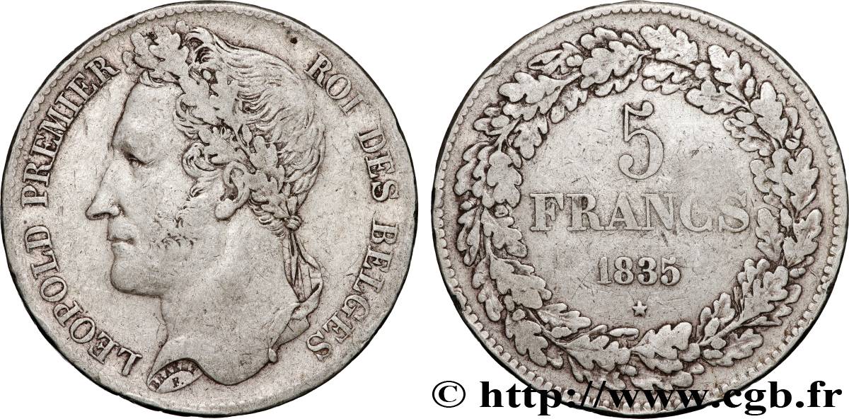 BELGIUM 5 Francs Léopold Ier tête laurée 1835  VF 