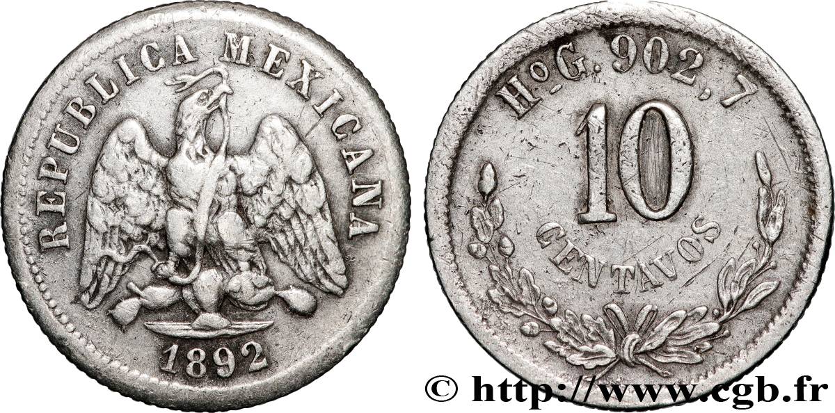 MEXICO 10 Centavos 1892 Hermosillo XF 