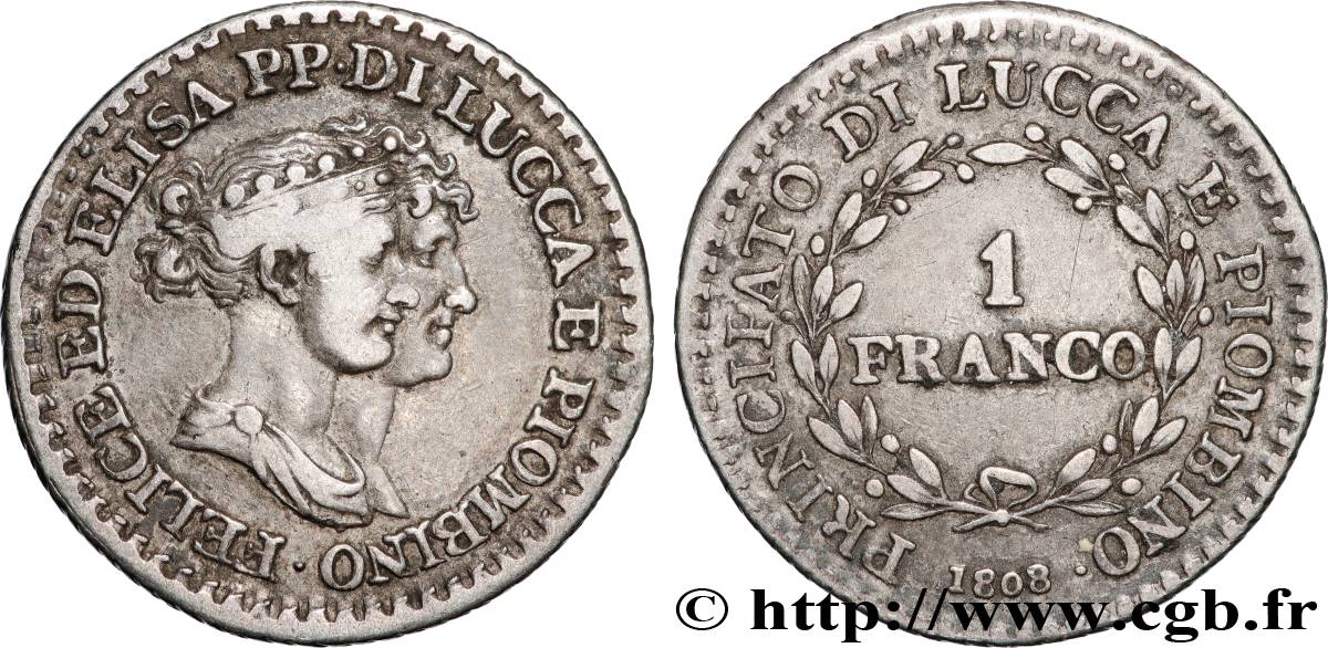 ITALIE - PRINCIPAUTÉ DE LUCQUES ET PIOMBINO - FÉLIX BACCIOCHI et ÉLISA BONAPARTE 1 Franco 1808 Florence TTB+ 