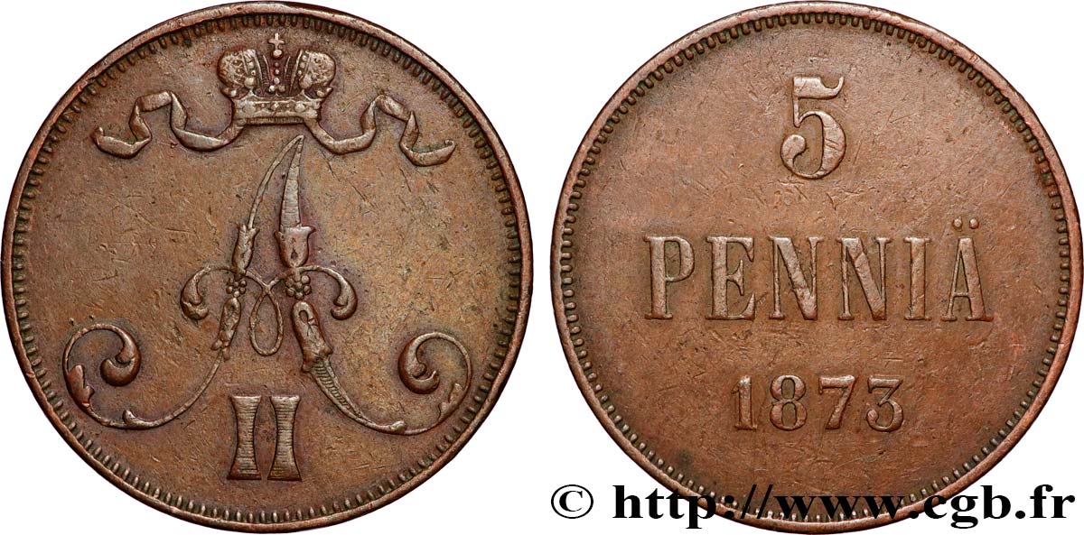 FINLANDE 5 Pennia Tsar Alexandre III 1873  TTB+ 