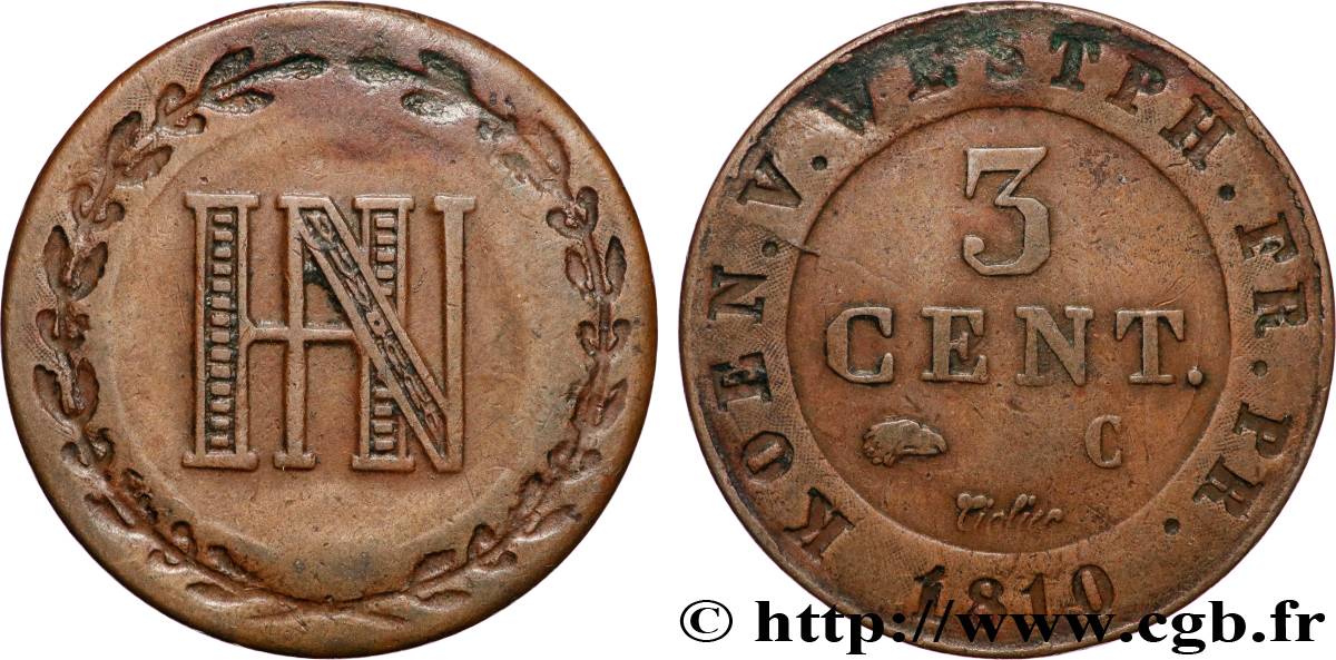 ALLEMAGNE - ROYAUME DE WESTPHALIE - JÉRÔME NAPOLÉON 3 Centimes 1810 Cassel TTB 
