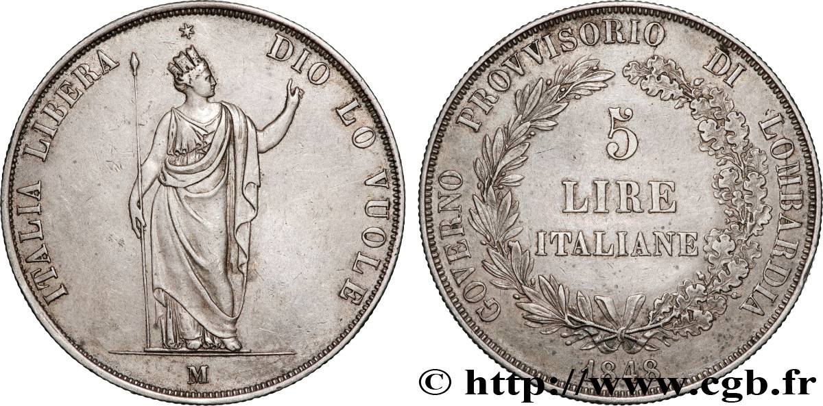 ITALIE - LOMBARDIE 5 Lire Gouvernement provisoire de Lombardie 1848 Milan TTB+ 
