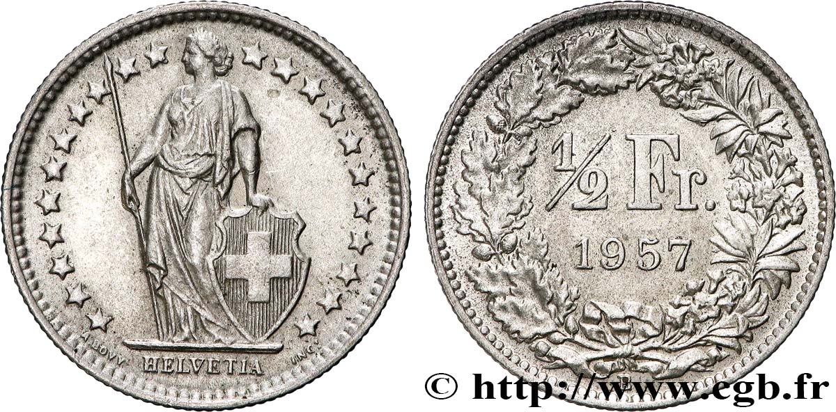 SUISSE 1/2 Franc Helvetia 1957 Berne TTB+ 