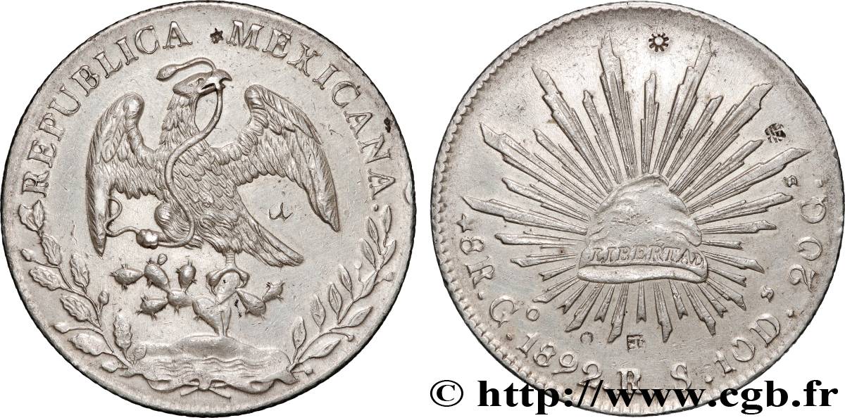 MEXICO 8 Reales Aigle / bonnet phrygien sur soleil surfrappe 1895/1 1892 Guanajuato - G° AU 