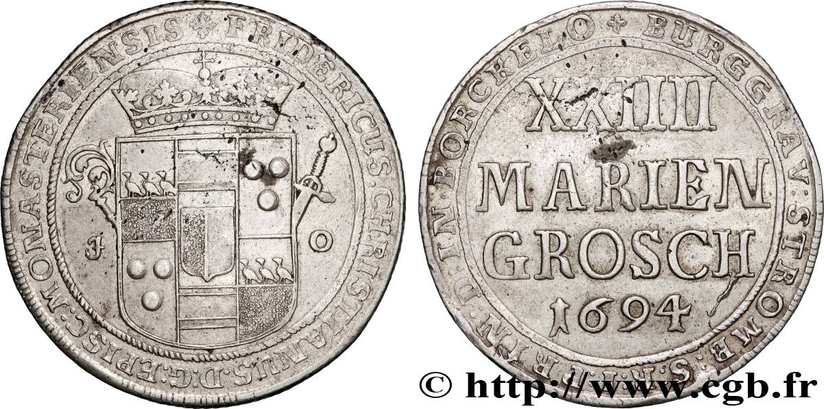 GERMANY - MUNSTER - FREDERIC-CHRISTIAN OF PLETTENBERG 24 Mariengroschen (2/3 Thaler) Principauté de Brunswick-Wolfenbuttel, frappe au cheval au nom de Rudolphe Auguste 1694  XF 