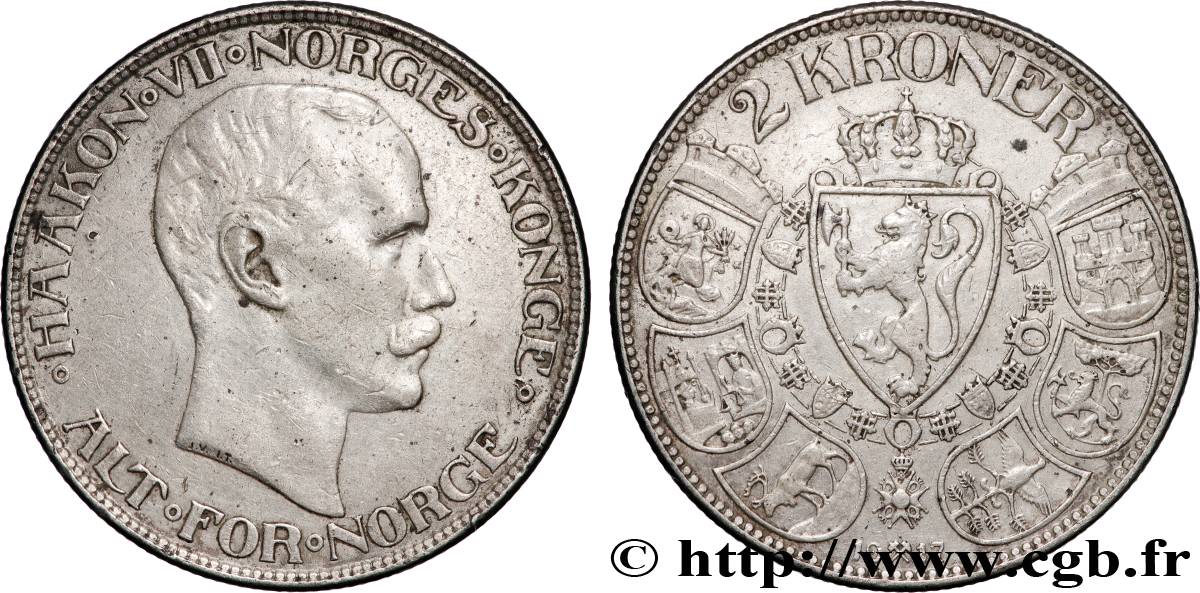 NORWAY 2 Kroner Haakon VII 1917 Oslo XF 