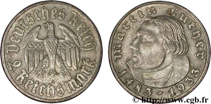 GERMANY 2 Reichsmark Martin Luther / aigle 1933 Berlin XF 