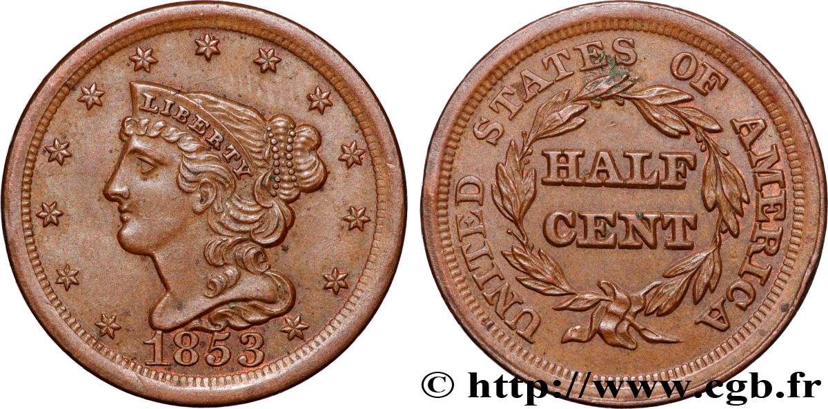 UNITED STATES OF AMERICA Half (1/2) Cent ‘Braided hair’ 1853 Philadelphie AU 