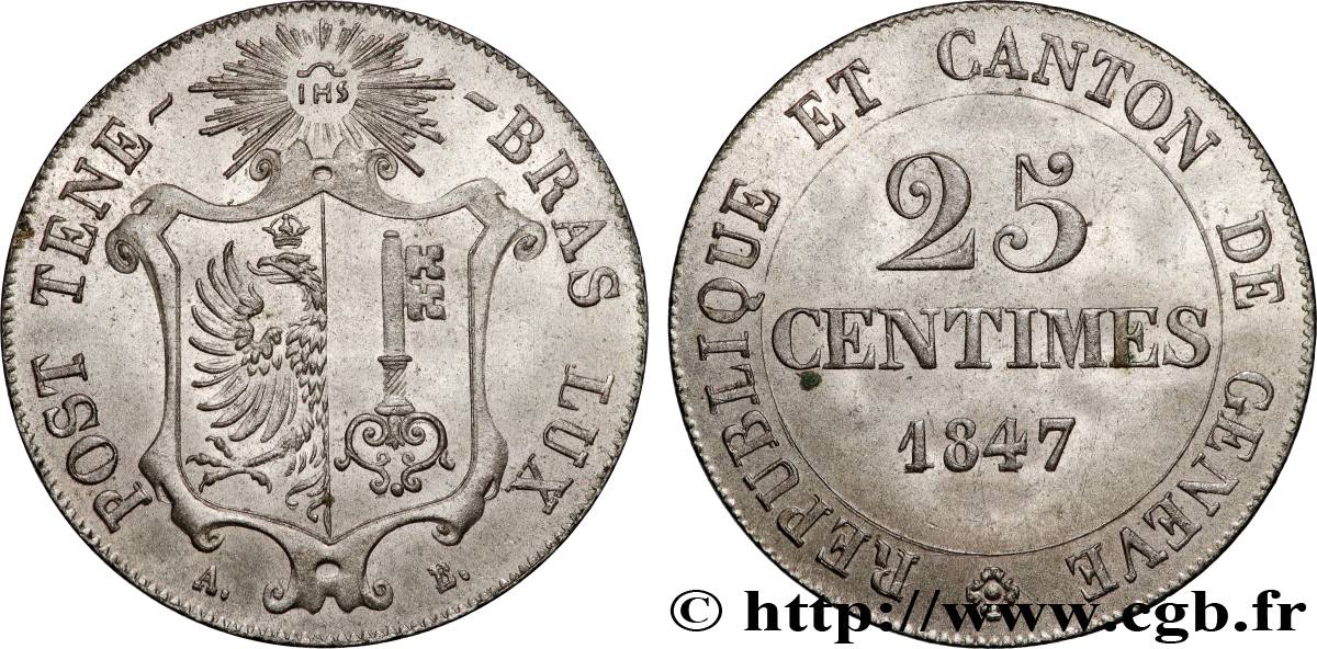 SUISSE - RÉPUBLIQUE DE GENÈVE 25 Centimes 1847  SUP 