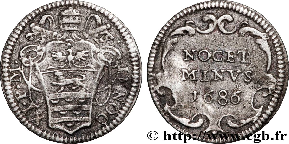 ITALY - PAPAL STATES - INNOCENT XI (Benedetto Odescalchi) Mezzo (Demi) Grosso 1686 Rome XF 