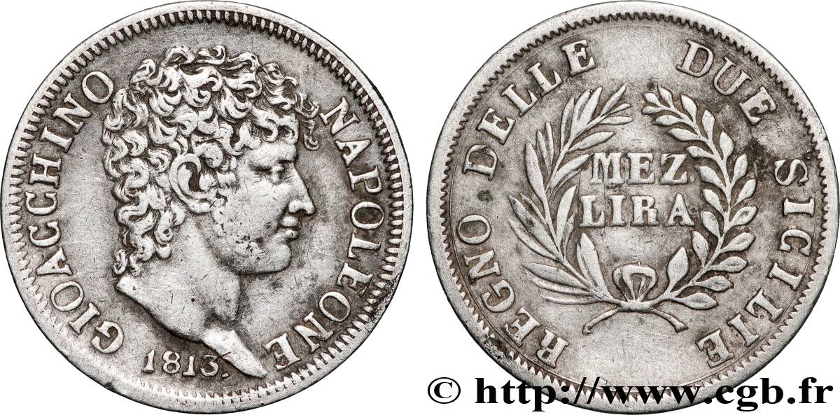 ITALY - KINGDOM OF NAPLES - JOACHIM MURAT 1/2 Lira 1813 Naples XF 