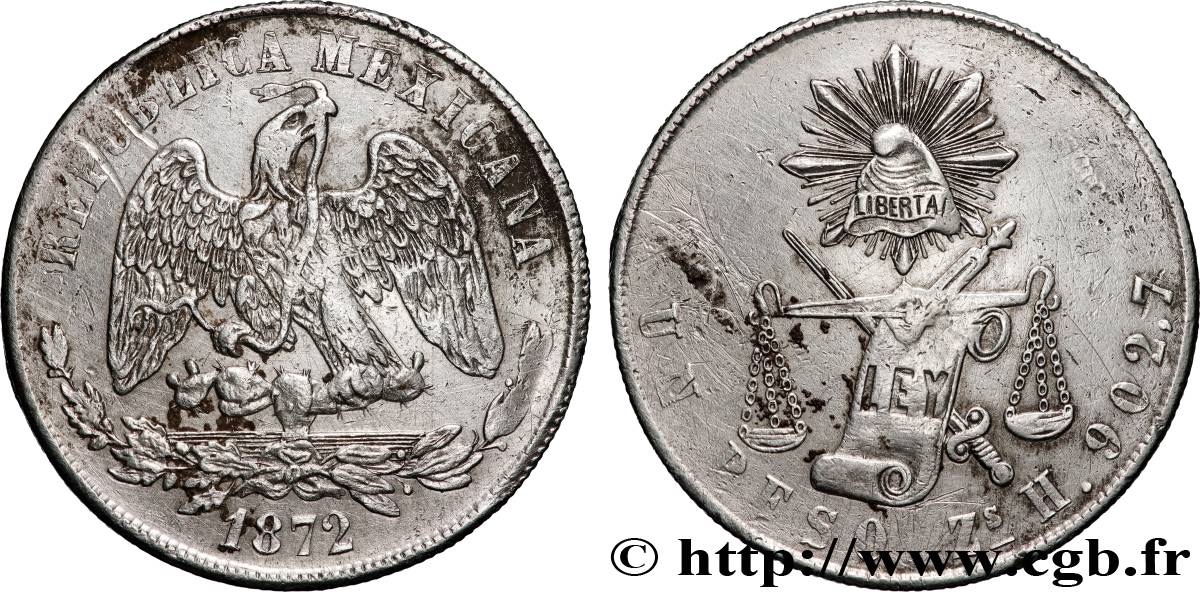 MEXIQUE 1 Peso aigle 1872 Zacatecas TTB 