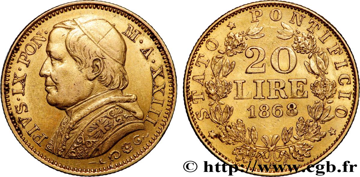 ITALIA - STATO PONTIFICIO - PIE IX (Giovanni Maria Mastai Ferretti) 20 Lire an XXIII 1868 Rome q.SPL 