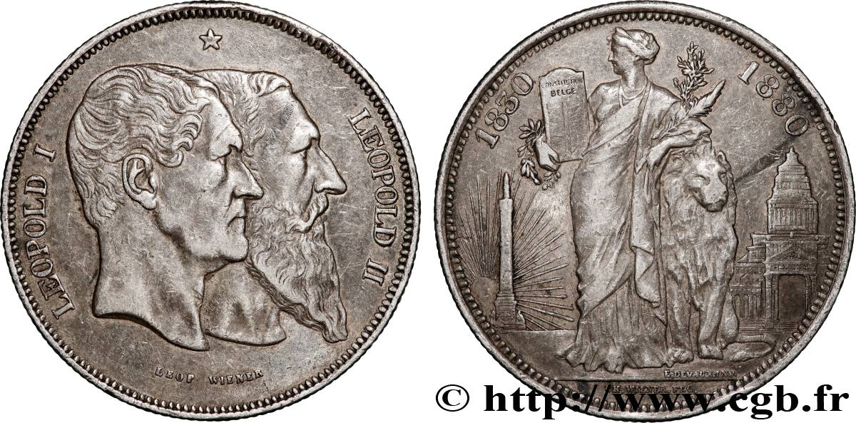 BELGIQUE 5 Francs, Cinquantenaire du Royaume (1830-1880) 1880 Bruxelles TTB+ 
