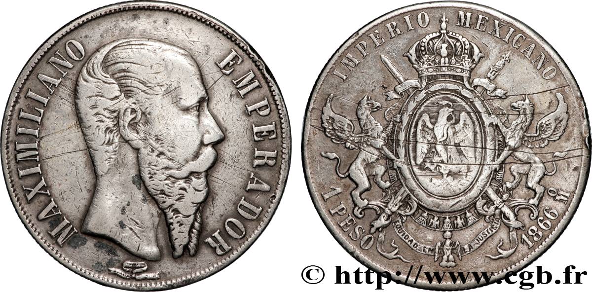 MEXIQUE 1 Peso Empereur Maximilien 1866 Mexico TB+ 