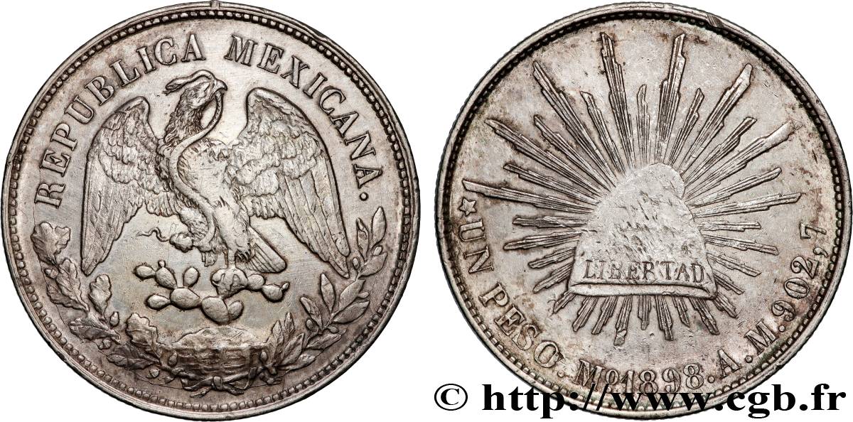 MEXIQUE 1 Peso aigle / bonnet phrygien et rayons 1898 Mexico TTB+ 