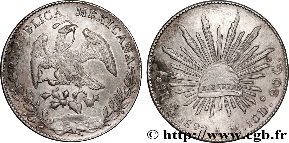 MEXICO 8 Reales Aigle / bonnet phrygien sur soleil 1897 Mexico AU 