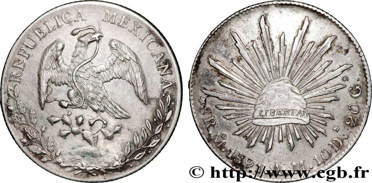 MEXIQUE 8 Reales Aigle / bonnet phrygien sur soleil 1891 Mexico TTB+ 
