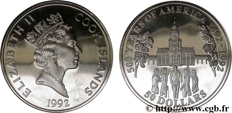 ÎLES COOK  50 Dollars Elisabeth II / 500e anniversaire découverte de l’Amérique, Independance Hall, Philadelphie 1992  FDC 