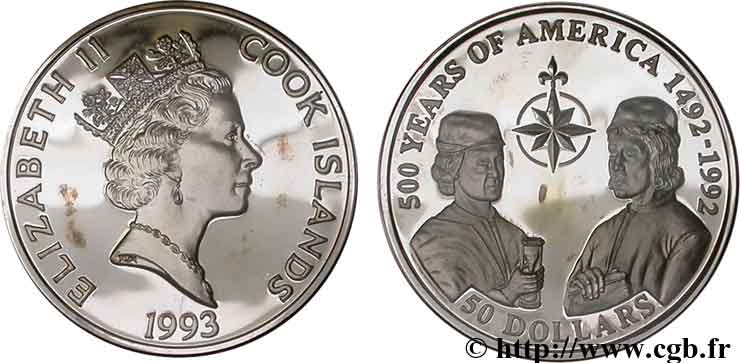 COOK INSELN 50 Dollars Elisabeth II / 500e anniversaire découverte de l’Amérique, les frères Pinson 1993  ST 