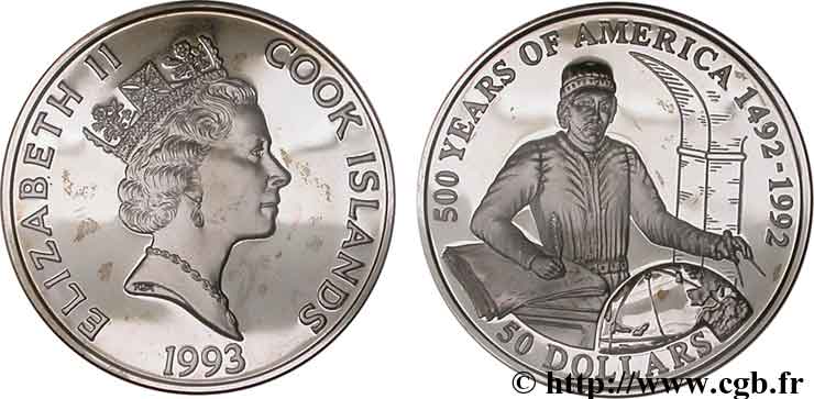 ÎLES COOK  50 Dollars Elisabeth II / 500e anniversaire découverte de l’Amérique, Juan de la Cosa 1993  FDC 