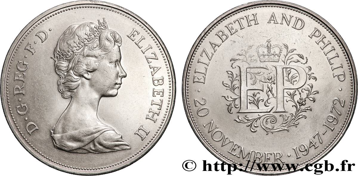 ROYAUME-UNI 25 New Pence (1 Crown) 25e anniversaire de mariage d’Elisabeth II 1972 Londres SUP 