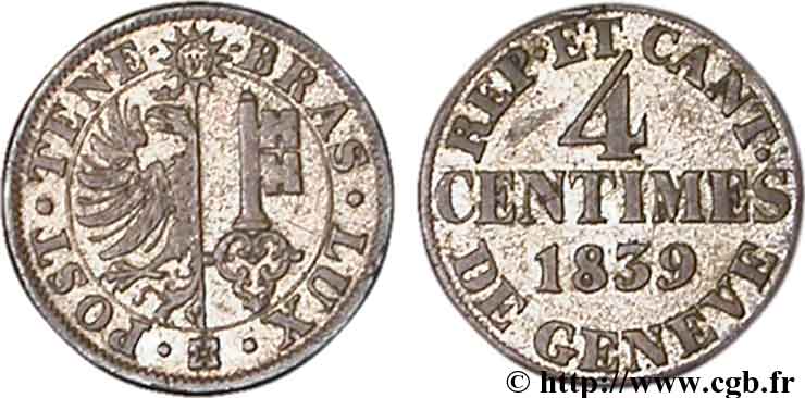 SWITZERLAND - REPUBLIC OF GENEVA 4 Centimes - Canton de Genève 1839  XF 