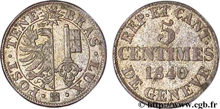 SWITZERLAND - REPUBLIC OF GENEVA 5 Centimes 1840  AU 