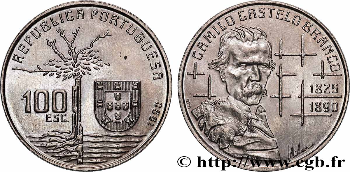 PORTOGALLO 100 Escudos centenaire de la mort de l’écrivain Camilo Castelo Branco 1990  SPL 